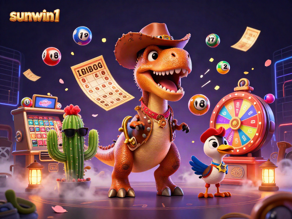 Experience excitement at sunwin1 with a T-Rex, a cactus character, and a roadrunner enjoying casino elements like bouncing lottery balls and a prize wheel.