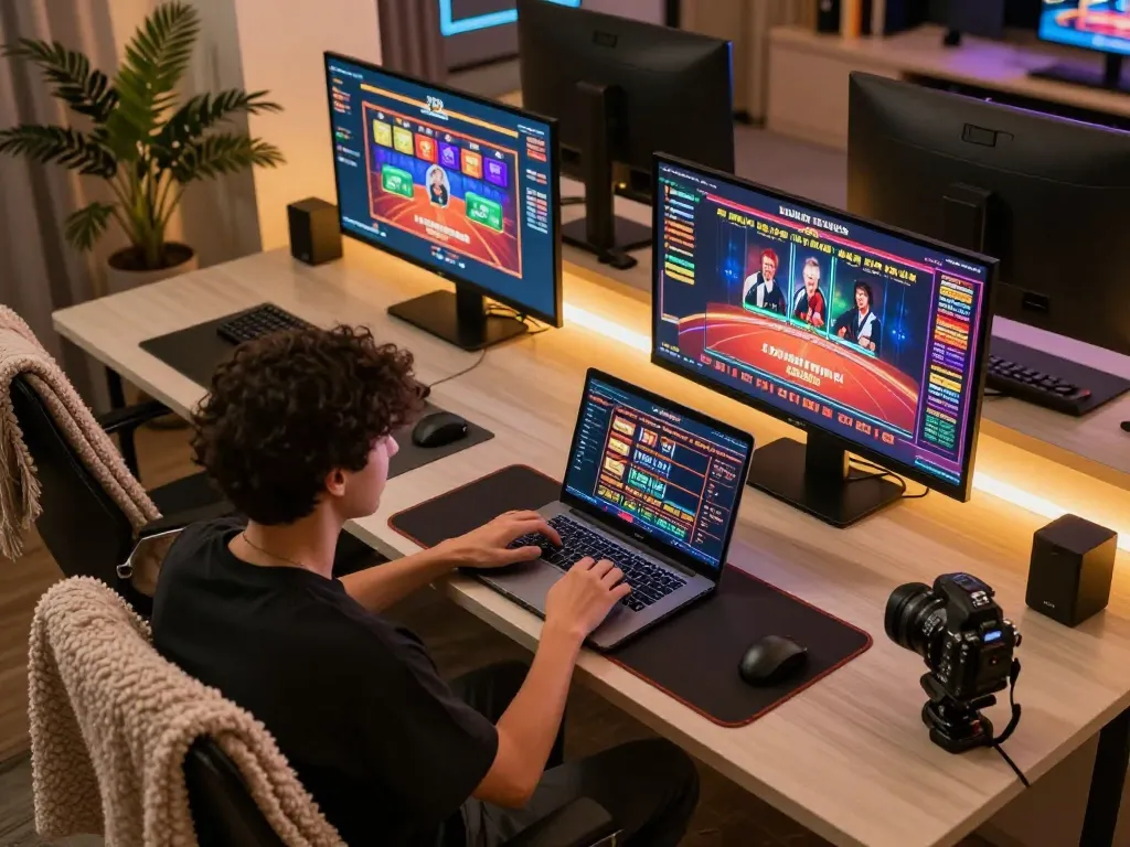 Engaging fun79 online gaming setup with user interacting with live dealer games and vibrant screens.
