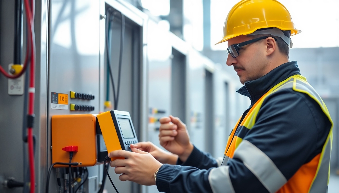Technician conducting a DGUV V3 Prüfung with electrical testing equipment in a safe industrial environment.