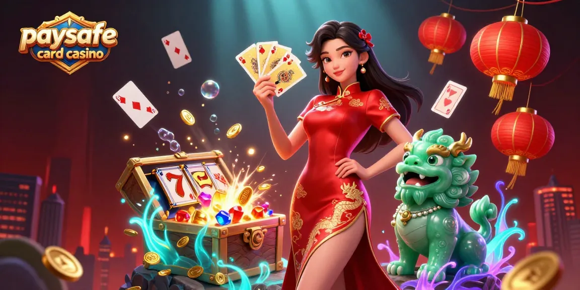 Erleben Sie aufregende Action in einem Paysafe Card Casino mit lebendigen Grafiken von Spielkarten und Goldmünzen.