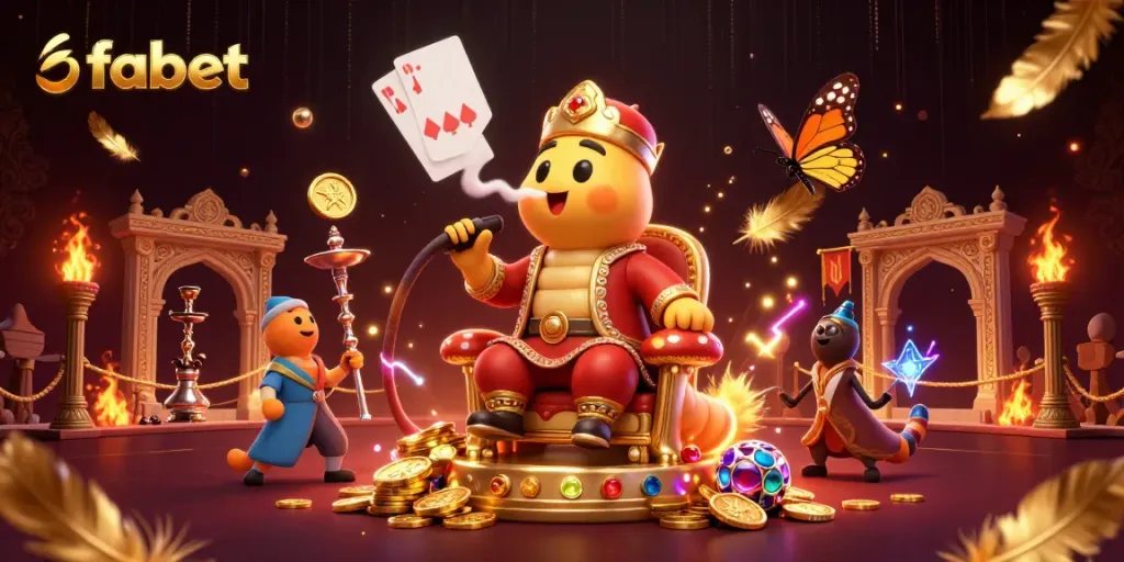 Experience fabet's vibrant casino atmosphere through an energetic 3D illustration with unique characters and game elements.