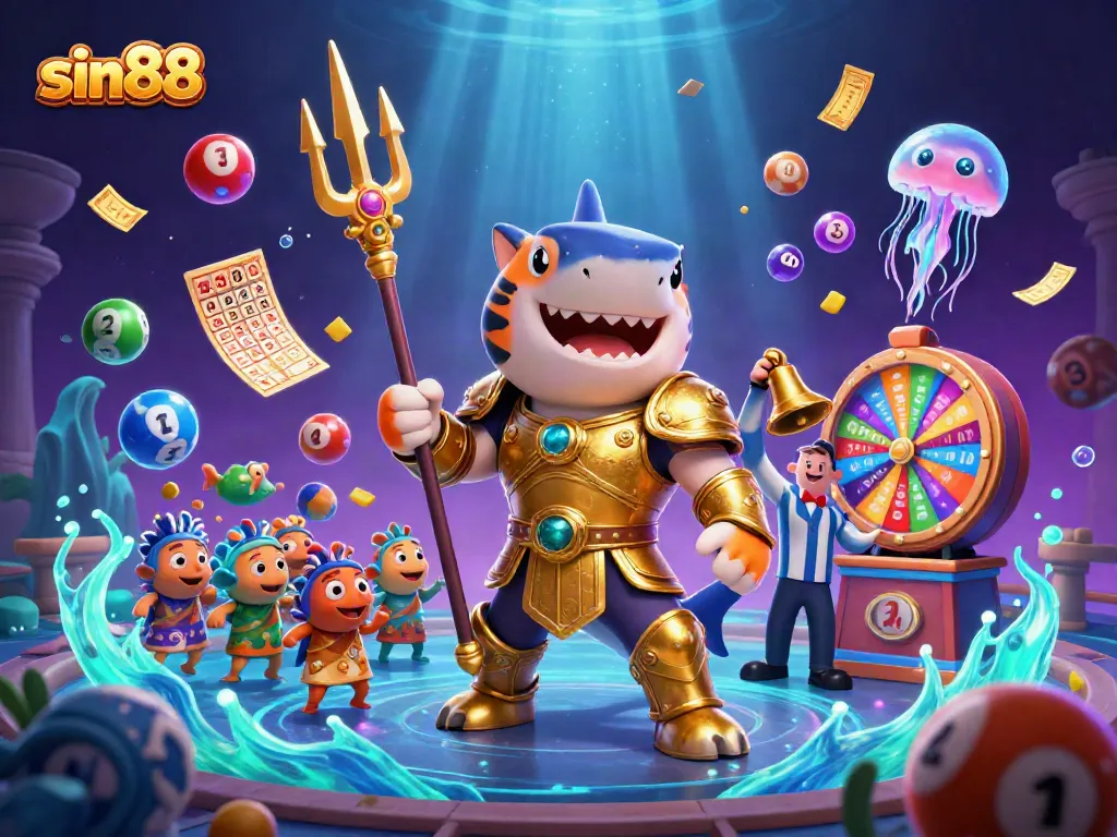 Sin88 showcases an energetic casino scene with vibrant elements including lottery balls and a golden trident.