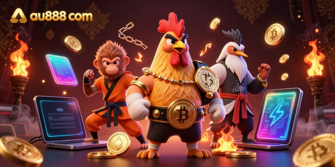 Engage in thrilling action with au888 com illustrated featuring animated characters and glowing crypto elements.