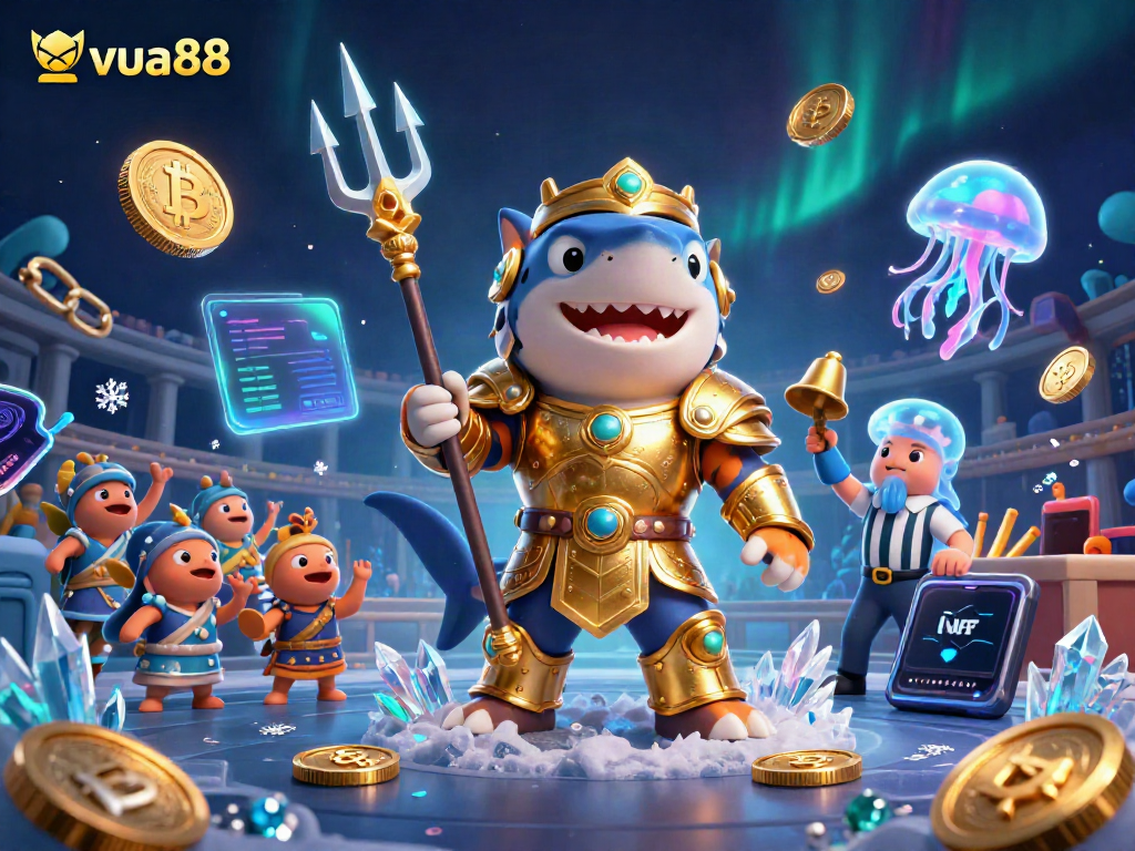 Join the action at vua88 with a vibrant underwater casino scene, featuring a shark in gladiator armor and digital coins.