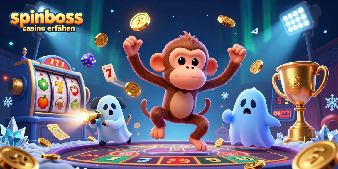 Erlebe spannende spinboss casino erfahrungen in dieser dynamischen Illustration: Ein schelmischer Geist-Affe jongliert goldene Münzen und zockende Gespenster.