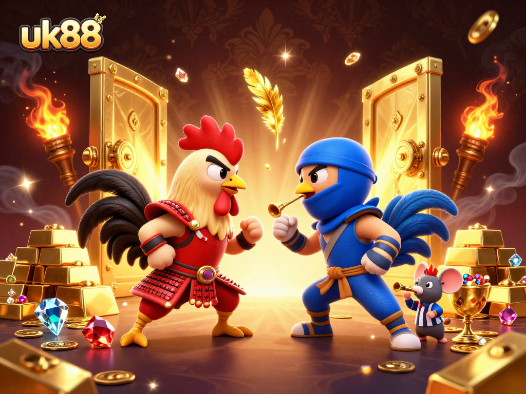 Experience thrilling battles with the dynamic uk88 fighting roosters in a vivid casino backdrop.