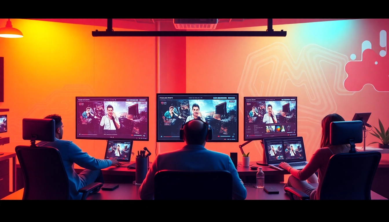 Create engaging content with AI video generators, showcasing a diverse team collaborating in a modern digital workspace.