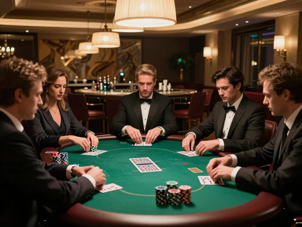 Sportpoolfocus depicts an exciting high-stakes poker game with players strategizing under warm casino lighting.
