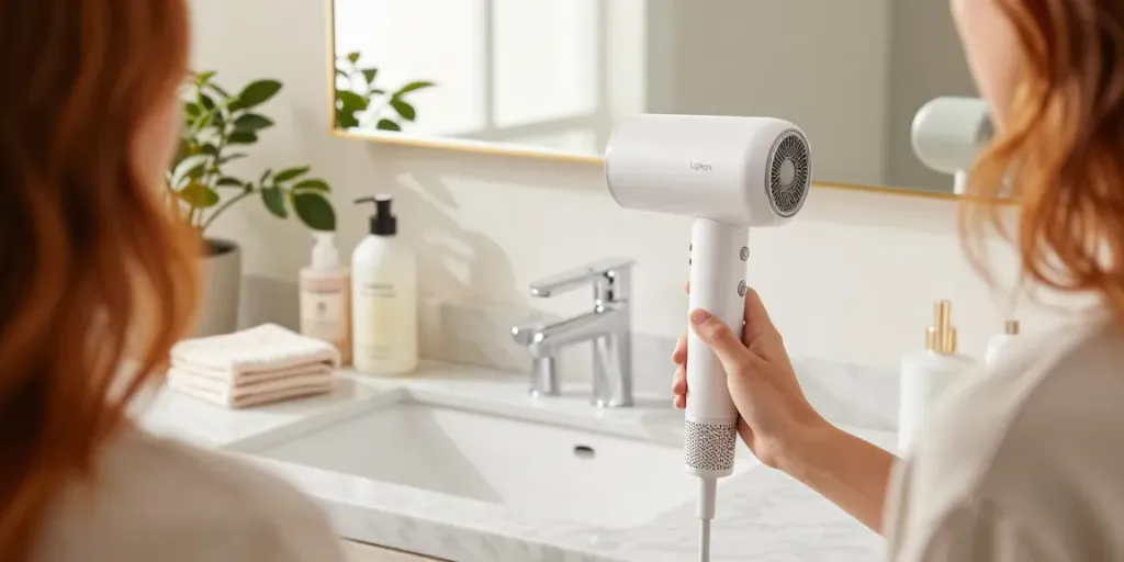 Stylish bathroom scene with Laifen Mini haartrockner on countertop during hair styling