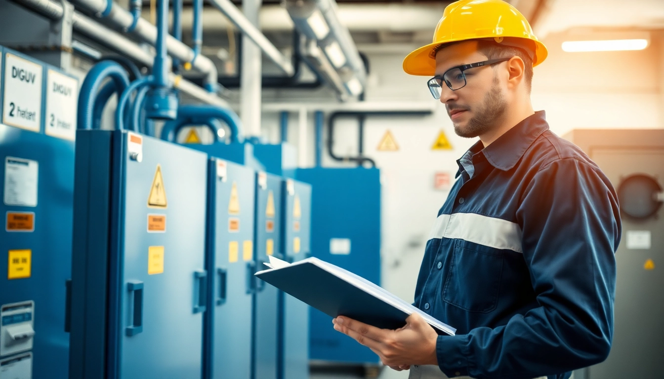 Techniker führt DGUV V3 Prüfung in einem industriellen Raum durch, Sicherheitsprüfungen werden dokumentiert.