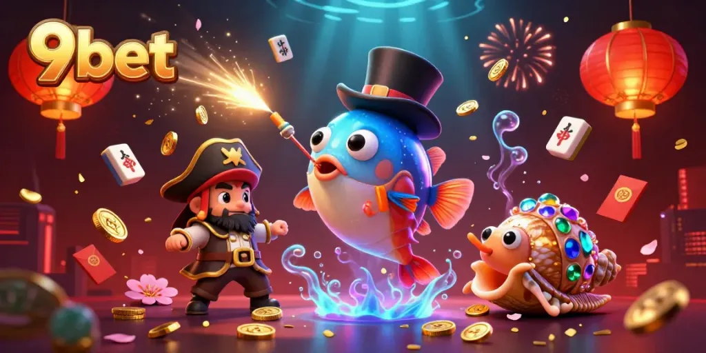 Engage with 9bet's vibrant gaming scene featuring unique characters and casino elements.