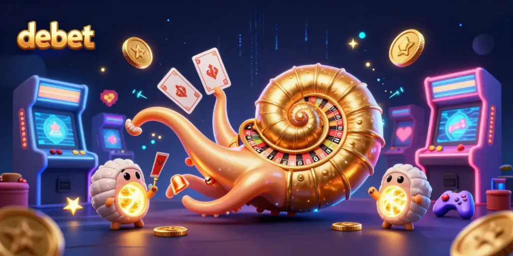 Discover dynamic gameplay with debet in this vibrant 3D casino illustration featuring a giant nautilus and arcade elements.