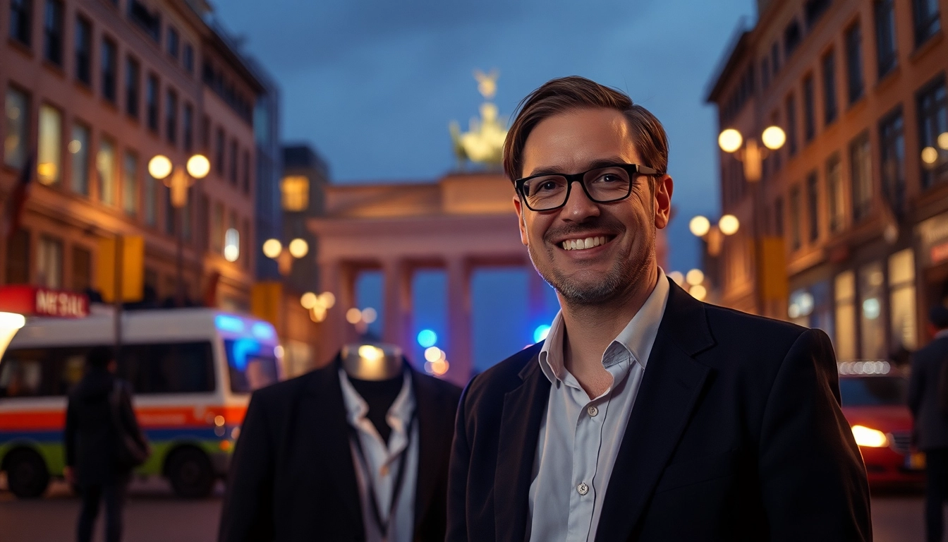 Kfz Gutachter Berlin bewertet ein Fahrzeug vor einer urbanen Kulisse mit professioneller Ausstrahlung.