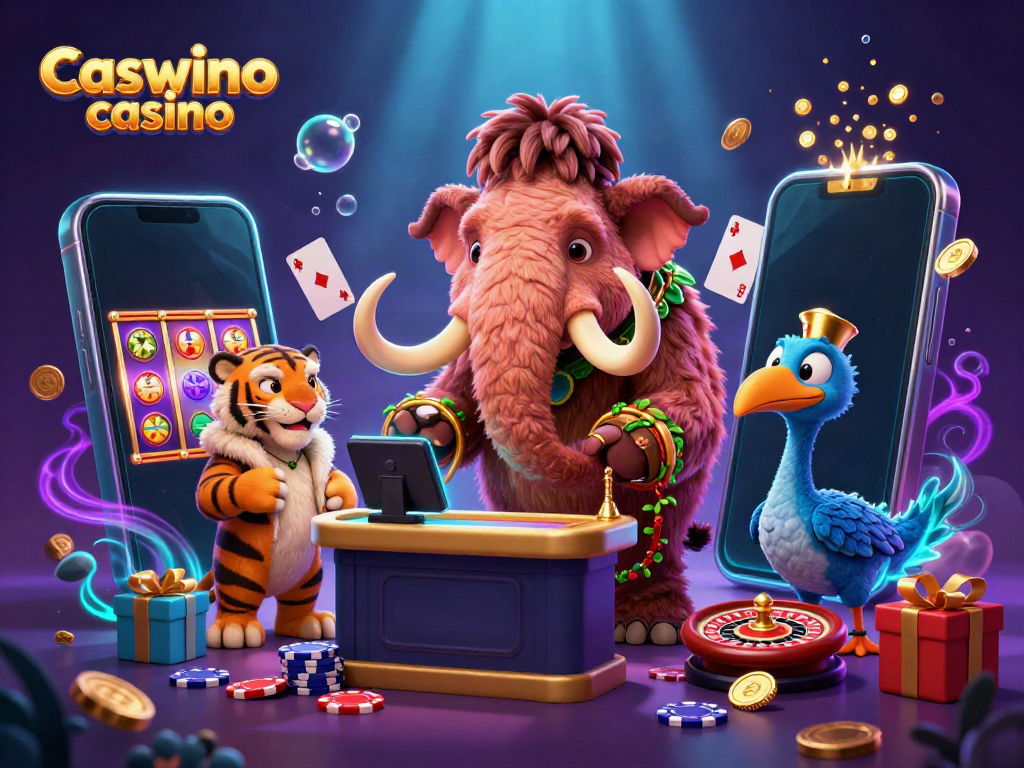 Experience the excitement of Caswino casino with vibrant characters and dynamic gaming elements in a colorful scene.