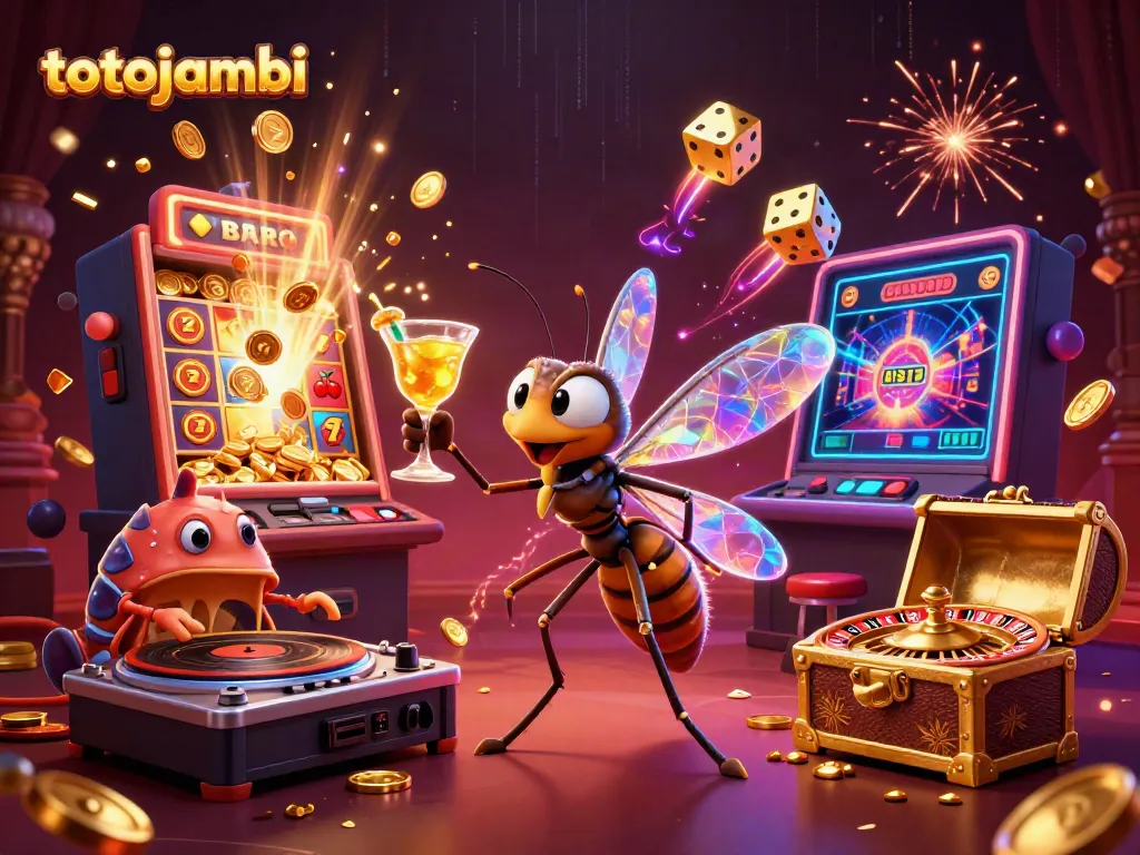 Engage with totojambi's dynamic casino scene featuring a frozen mosquito mascot, trilobite DJ, and golden roulette wheel.