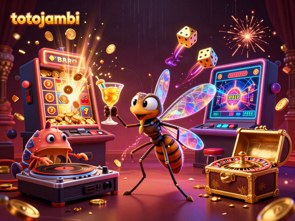 Engage with totojambi's dynamic casino scene featuring a frozen mosquito mascot, trilobite DJ, and golden roulette wheel.