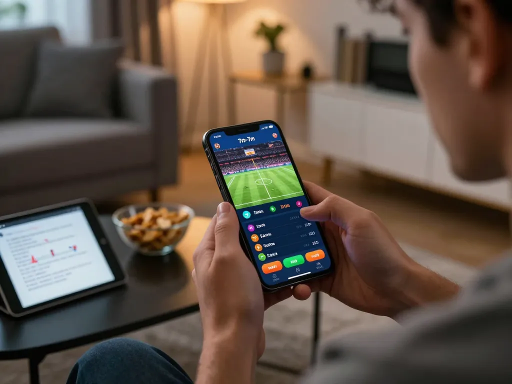 Engaging moment of a player using the 7m-7m app on their smartphone for live betting during a soccer game, surrounded by snacks and strategy notes.