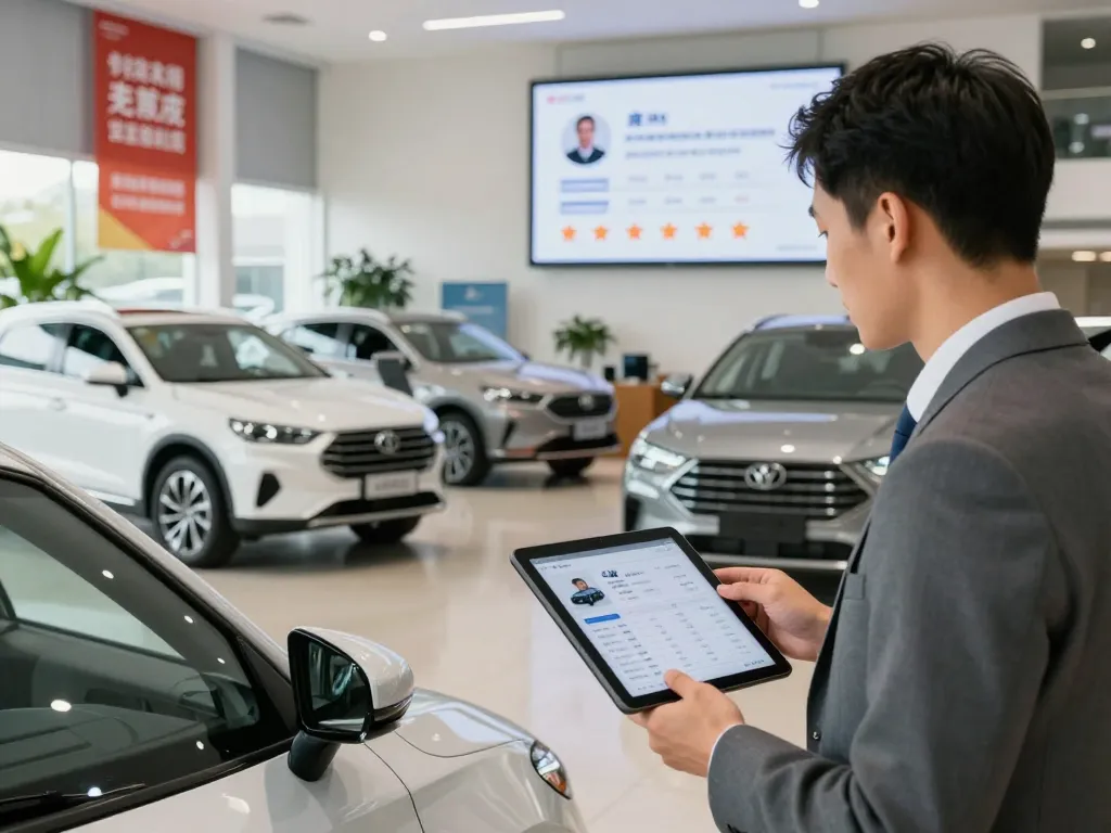 Fachkundige Bewertung von Fahrzeugen in einem Autohandel-Showroom, die Kundenzufriedenheit und transparente Handelspraktiken hervorhebt.