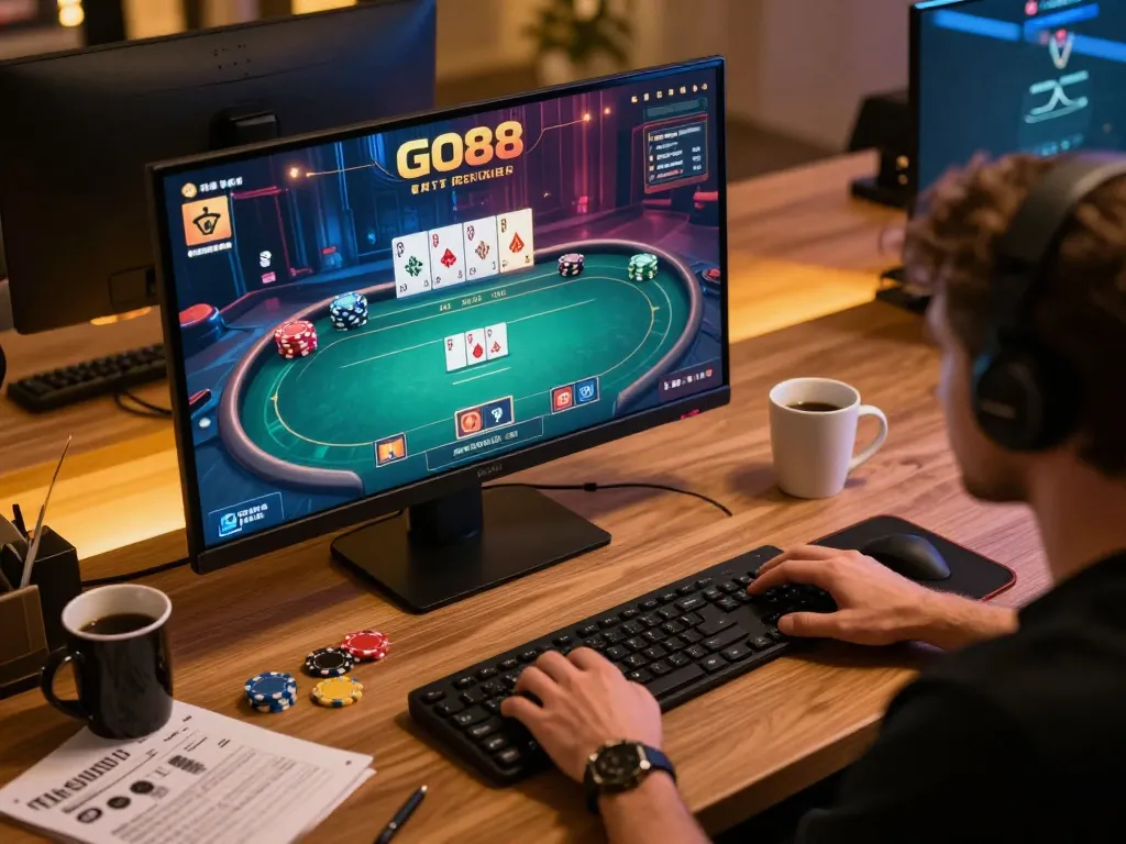 Player enjoying a GO88 poker game on a modern gaming setup, highlighting strategy and excitement.