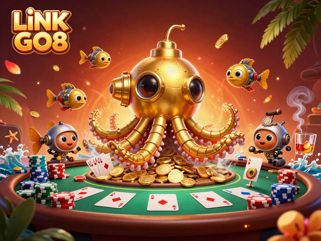 Experience the thrill of LINK GO8 as the kraken submarine unveils treasures amidst poker action.