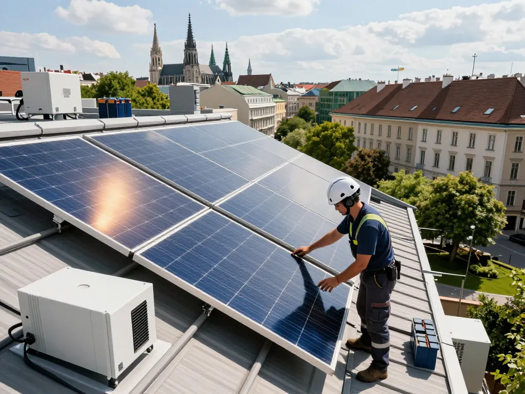 Installateure arbeiten an den Photovoltaik Wien Dachsolarpanelen in Wien.