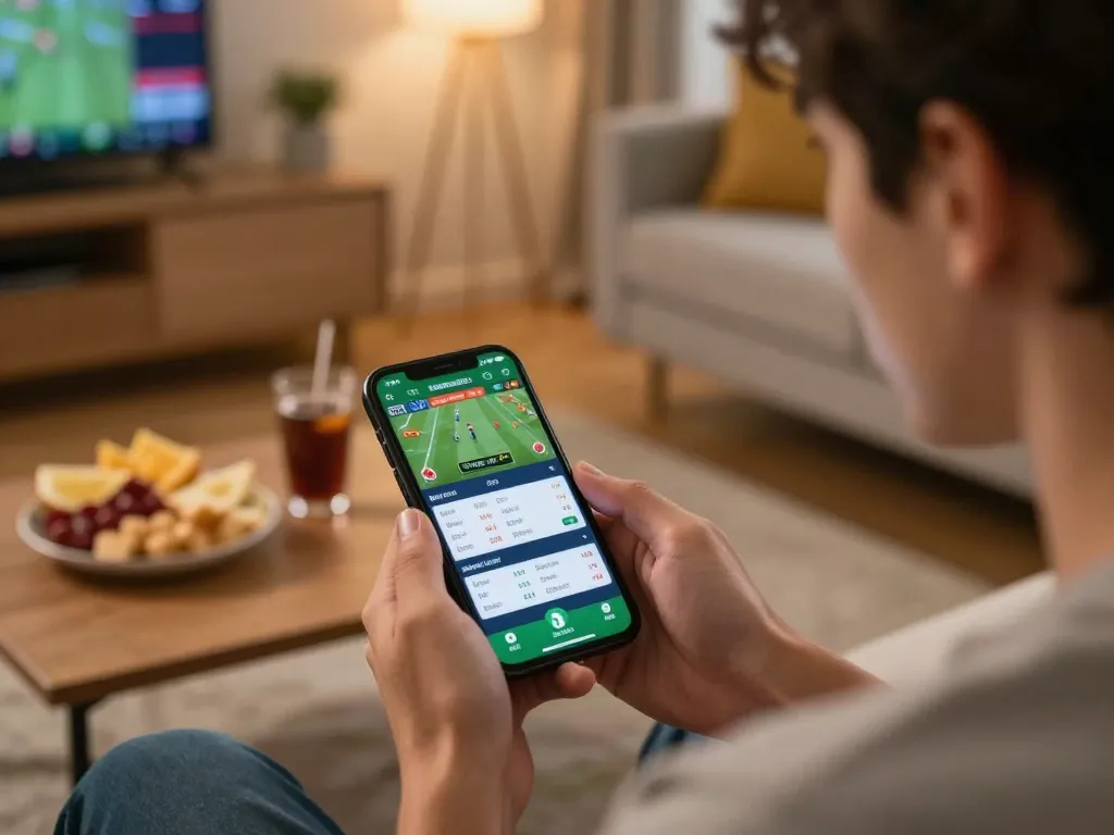 Engaged player using MK8 sports betting app in a cozy home setting with snacks and warm lighting.