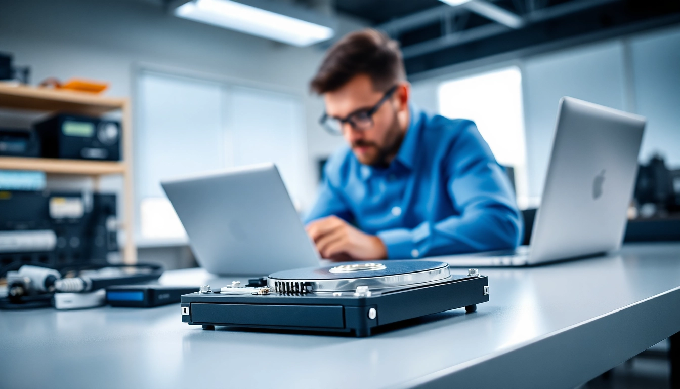 Datenrettung externe festplatte mit einem professionellen Techniker bei der Arbeit am Laptop.