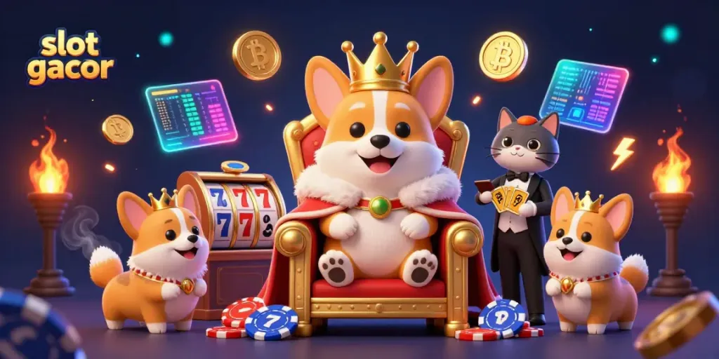 Engage in vibrant gameplay with slot gacor featuring a royal corgi and dazzling casino elements.