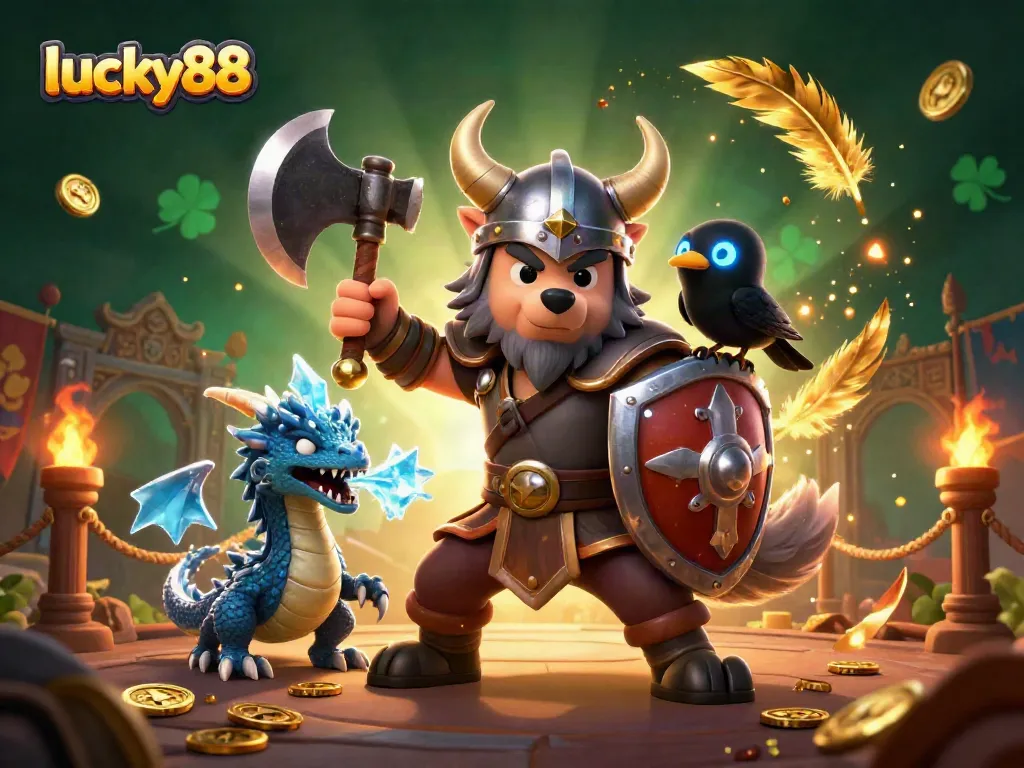 Engage with legendary action at lucky88’s 3D casino, featuring a Viking warrior and fierce dragon!