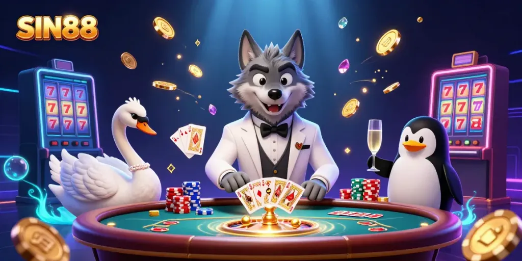 Experience engaging gameplay and excitement at SIN88 with a debonair wolf, elegant swan, and sophisticated penguin in action.