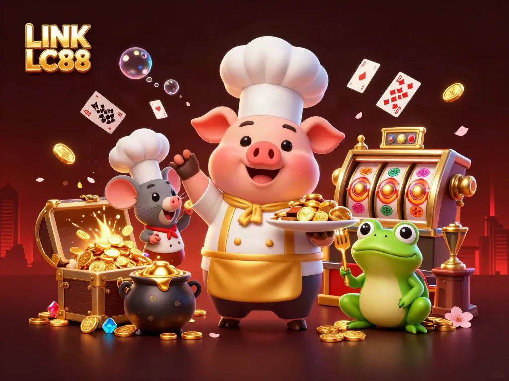 Experience the thrill of LINK LC88 in this vibrant 3D casino illustration showcasing gold coins and slot reels.