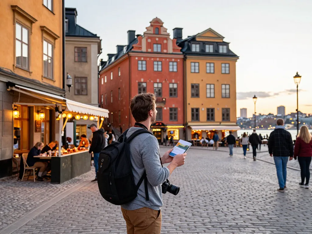 Reisetipps Stockholm: Reisender genießt die lebendigen Straßen von Gamla Stan während des Sonnenuntergangs.