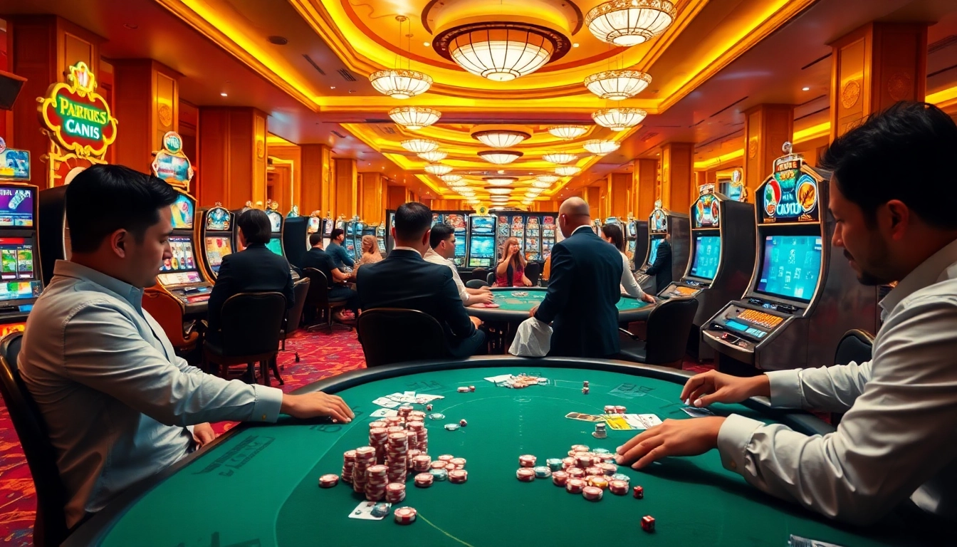 Action-packed casino scene featuring slot machines and poker players at https://88i8i.net/ for an exciting betting experience.