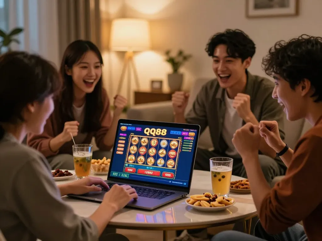 Group of friends enjoying a fun night with the qq88 link mới online casino interface on a laptop.