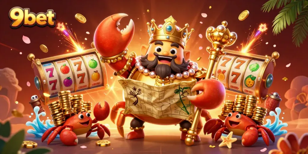 Experience thrilling 9bet gaming with the golden crab emperor and vibrant slot reels.