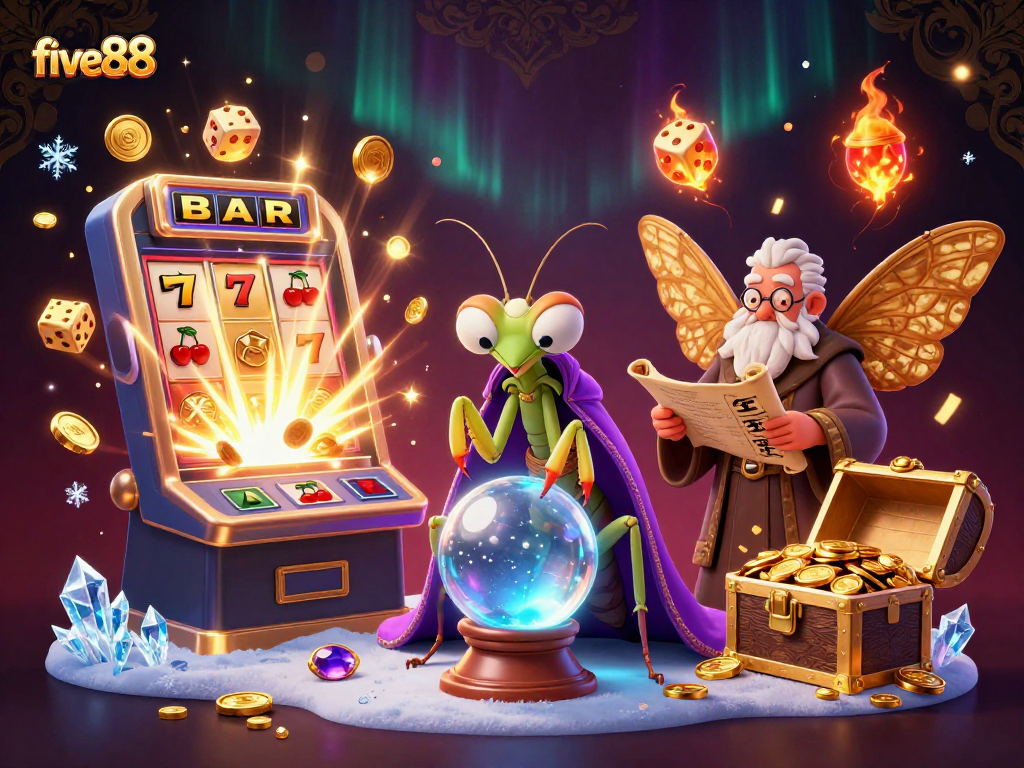 Engage your luck with five88 in a thrilling casino scene featuring characters and jackpot elements.