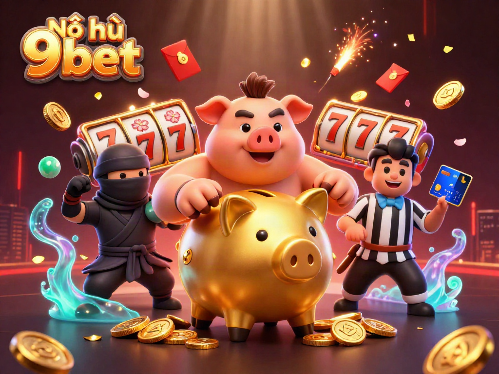 Engaging scene of Nổ hũ 9bet showcasing a golden piggy bank wrestler and ninja characters amidst vibrant slot game elements.