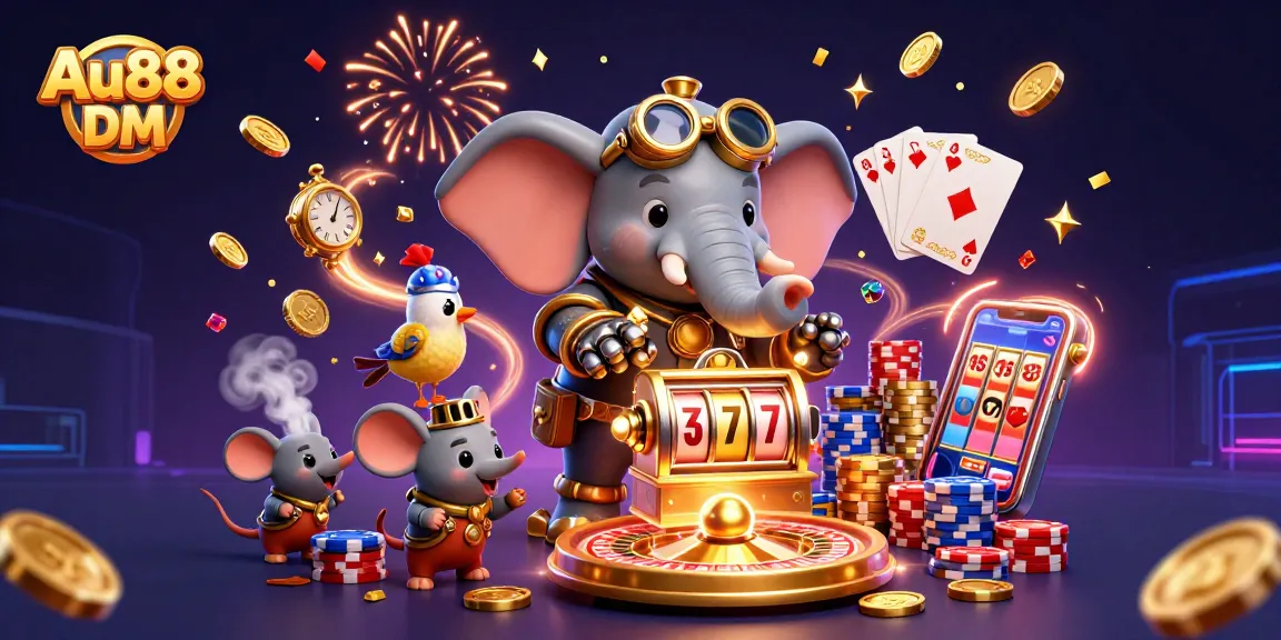 Engage with Au88 DM in a vibrant 3D casino scene featuring thrilling slot machines and dynamic gaming elements.