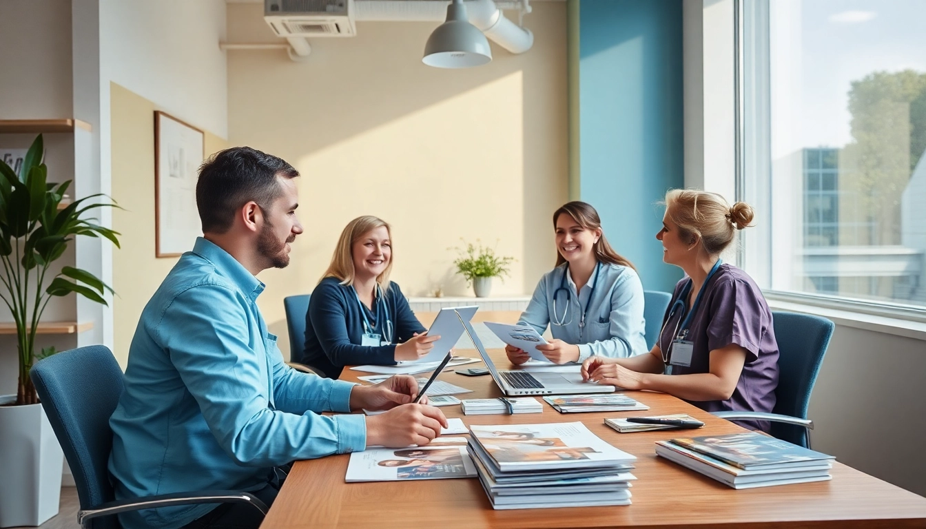 Marketing Pflegedienst: Bild von Pflegediensten, die kreativ an Marketingstrategien arbeiten, inspirierende Büroszene.