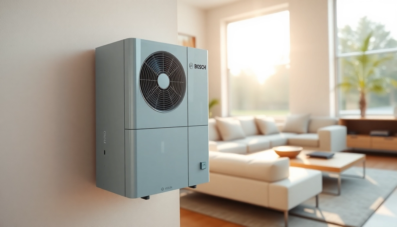 Wärmepumpe Bosch in einem modernen Wohnraum, die Effizienz und Komfort veranschaulicht.