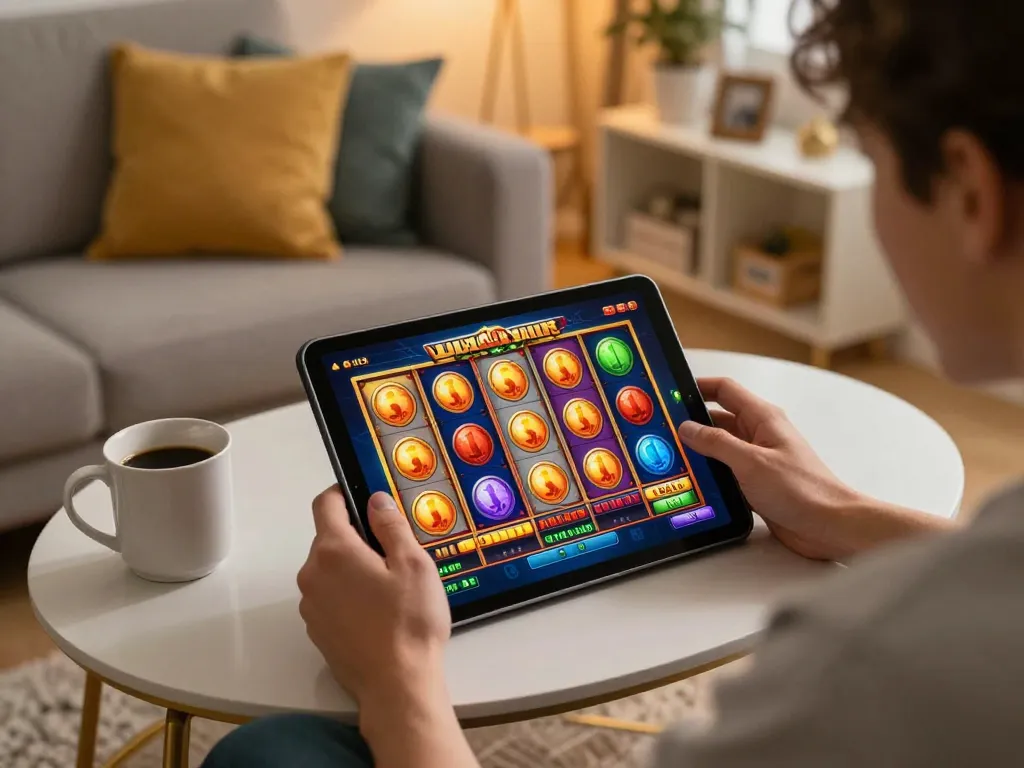 Player enjoying MB66 slot games on tablet in a cozy home setting with warm atmosphere.