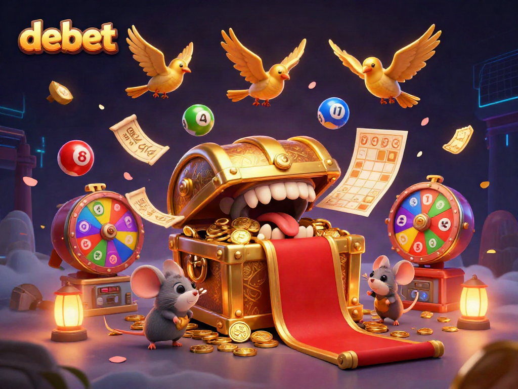 Engage with debet's thrilling gaming experience, featuring a golden treasure chest that entices adventurers.
