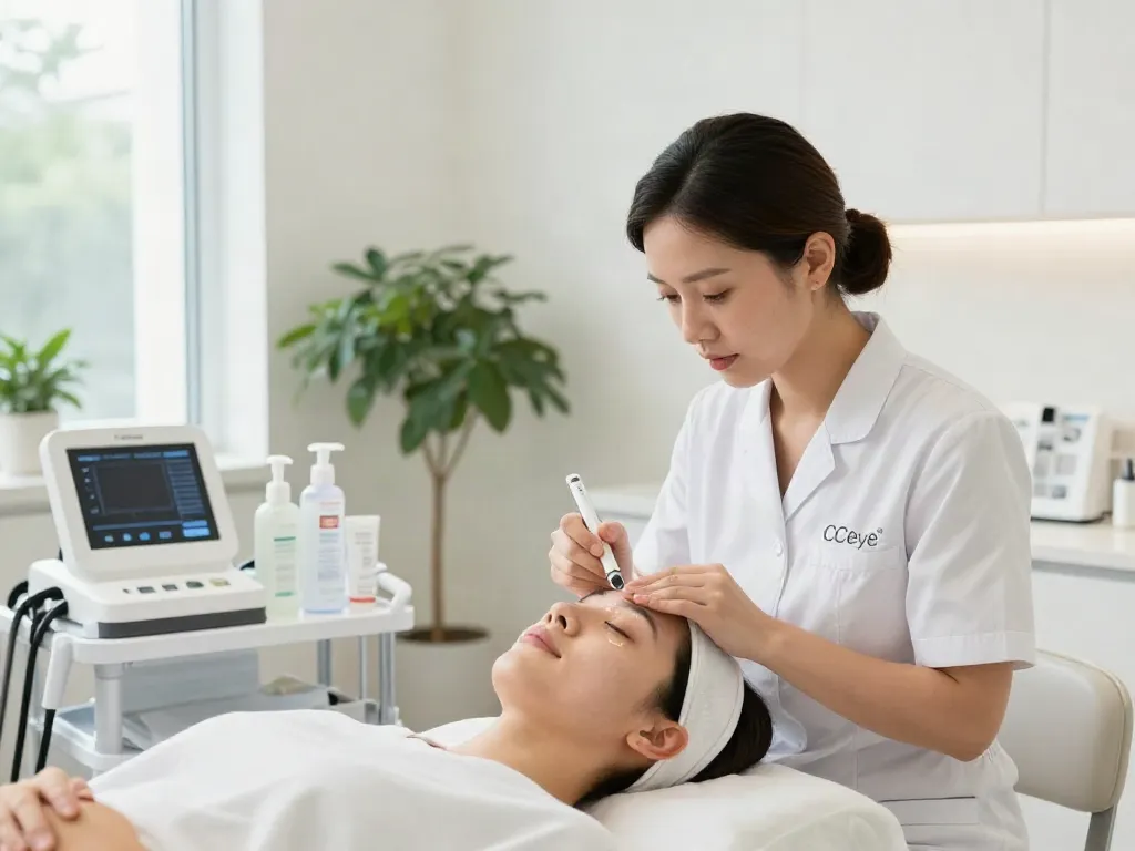 Augenringe entfernen Behandlung mit CCeye® in einem einladenden Schönheitssalon.
