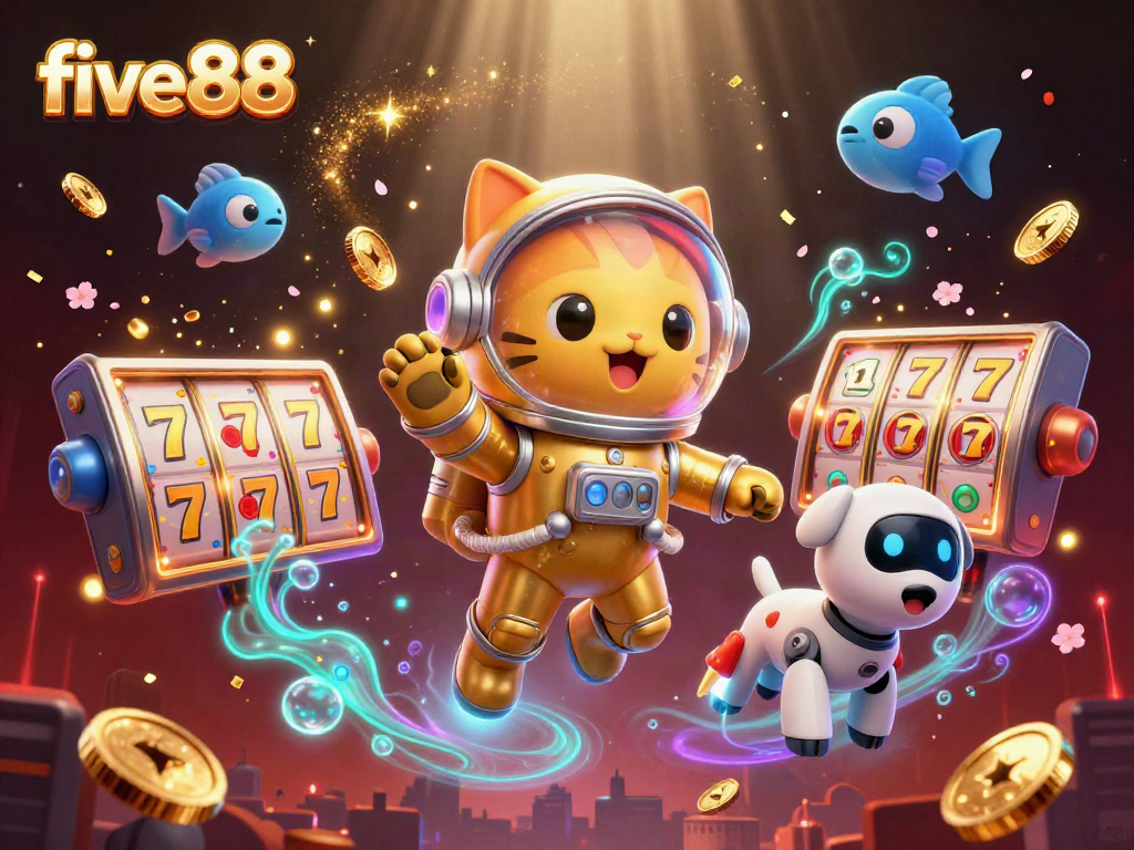 Experience the excitement of gambling with five88, featuring a floating astronaut cat and robot dog amidst dynamic casino elements.