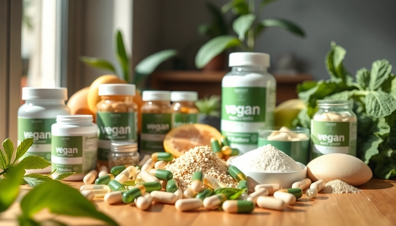 Vegane Supplements für gesunde Lebensweise in attraktiver Anordnung auf einem Holztisch.