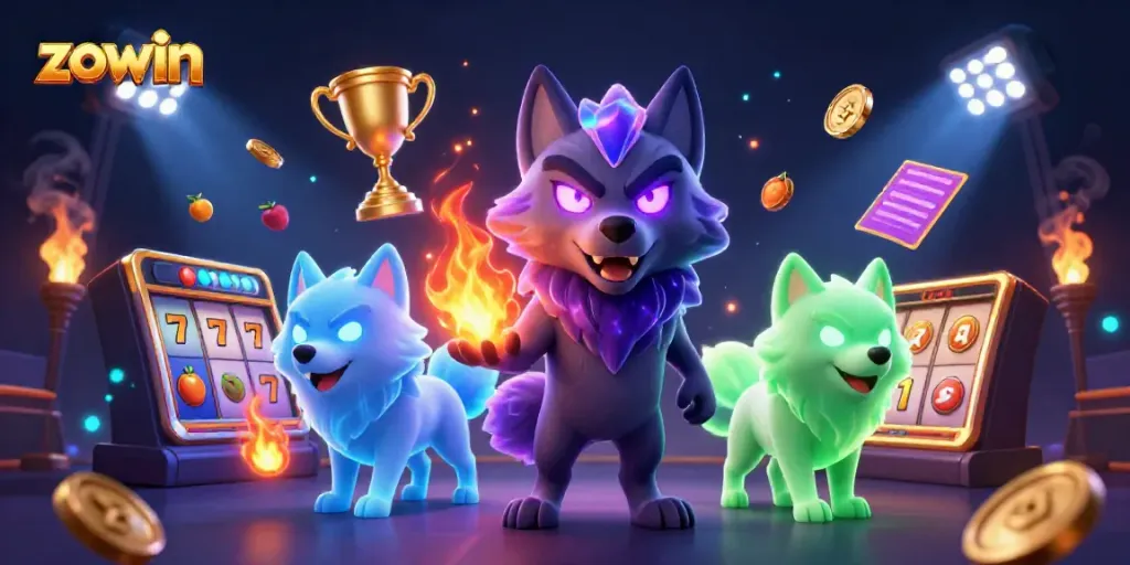 Zowin casino experience featuring vibrant cartoon wolves amidst dynamic slot game elements