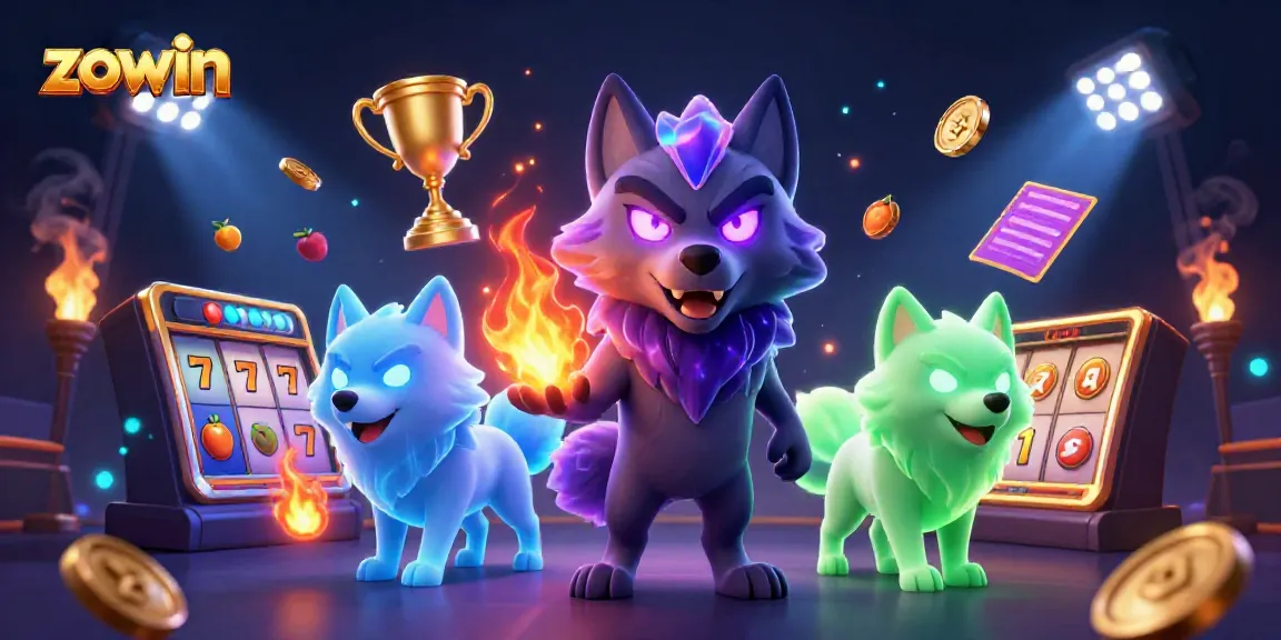 Zowin casino experience featuring vibrant cartoon wolves amidst dynamic slot game elements
