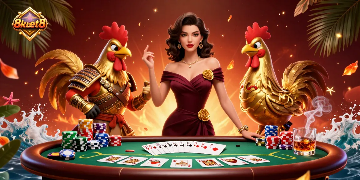 Engage with 8kbet8's glamorous casino scene featuring a poker table, chips, and dynamic characters.