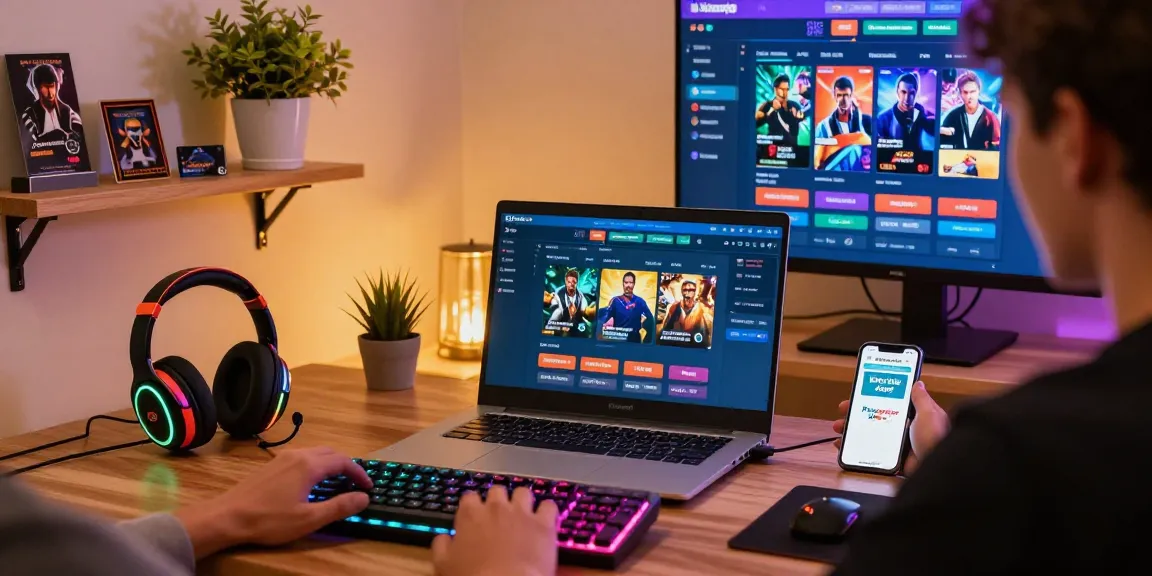 Paysafe-Karten-Casino-Szene mit einem Spieler, der einen Laptop nutzt, Spielzubehör und gemütlicher Atmosphäre.