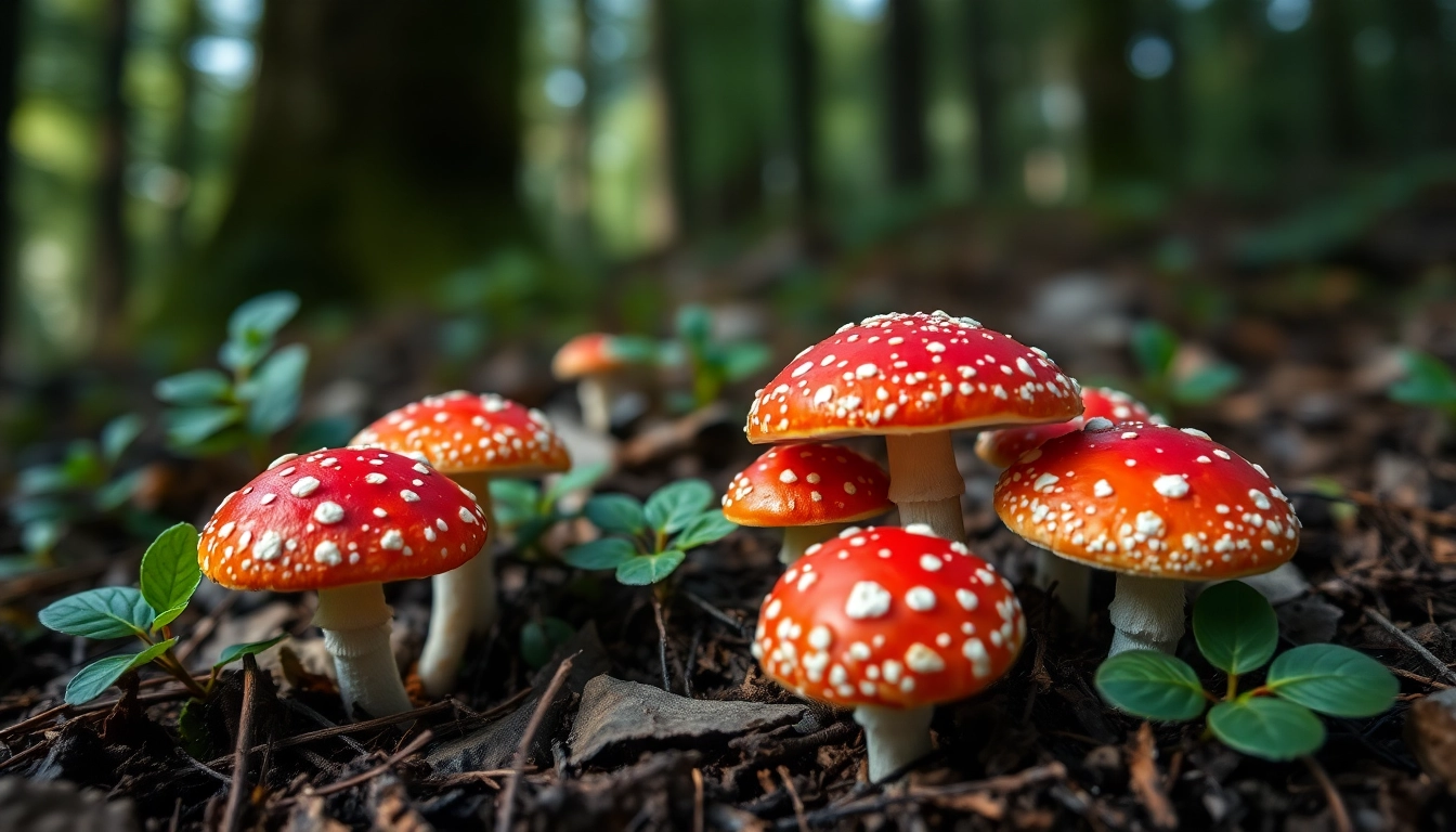 Fliegenpilz pulver präsentiert durch schöne Fliegenpilze im Wald mit roten Kappen.